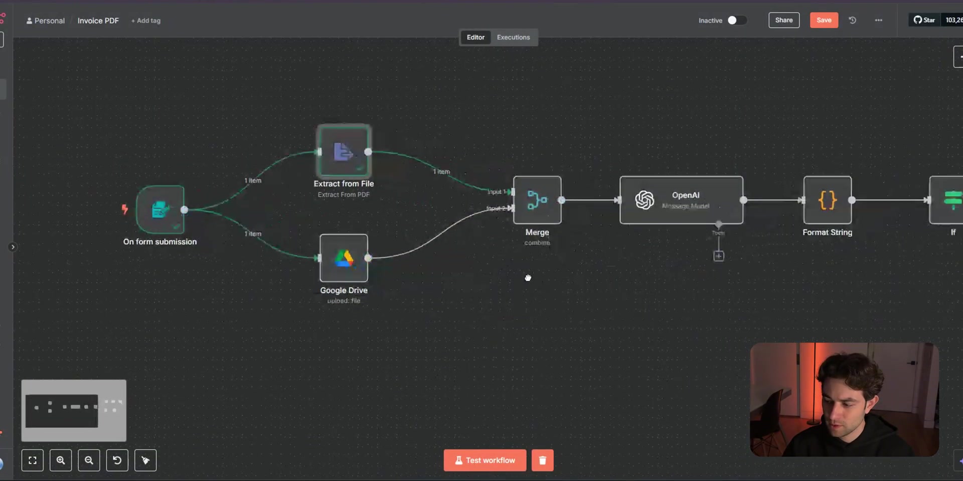 n8n invoice workflow first half with PDF extraction and Google Drive upload
