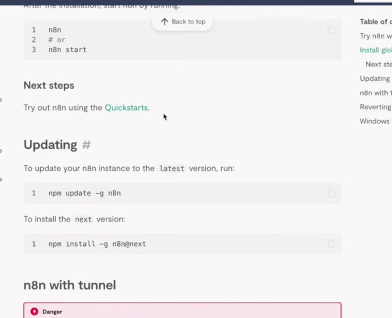 n8n npm update and specific version commands in the documentation