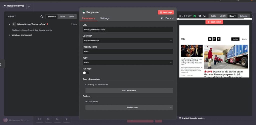 n8n Puppeteer:Install Puppeteer in n8n via Community Node Successful Puppeteer screenshot output in n8n