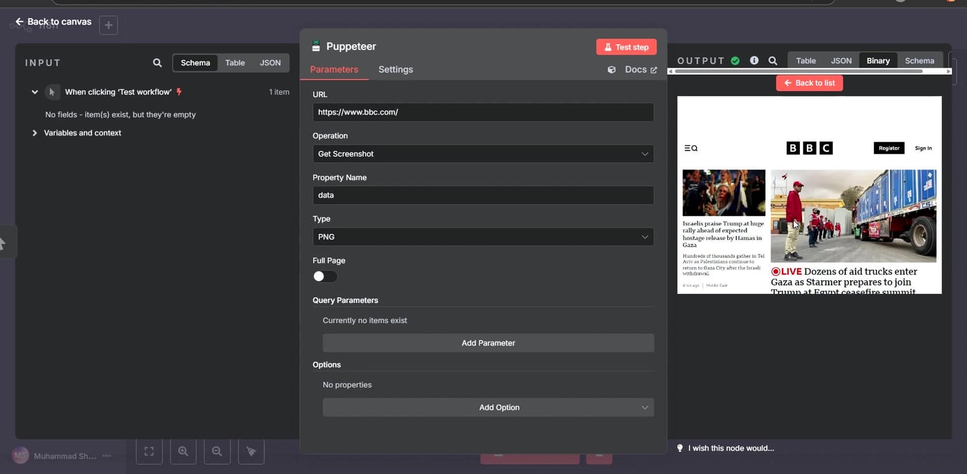 Successful Puppeteer screenshot output in n8n