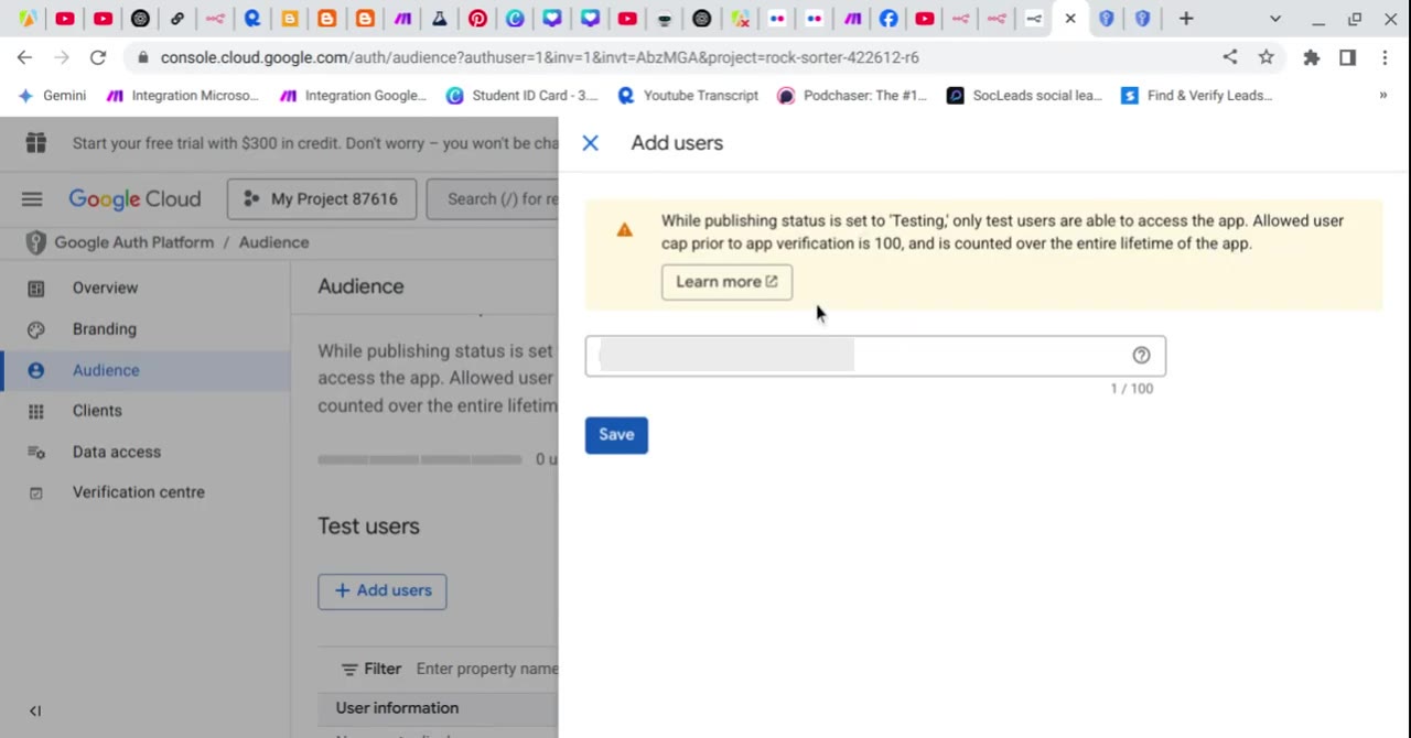 Google Cloud Add users dialog with Gmail address redacted