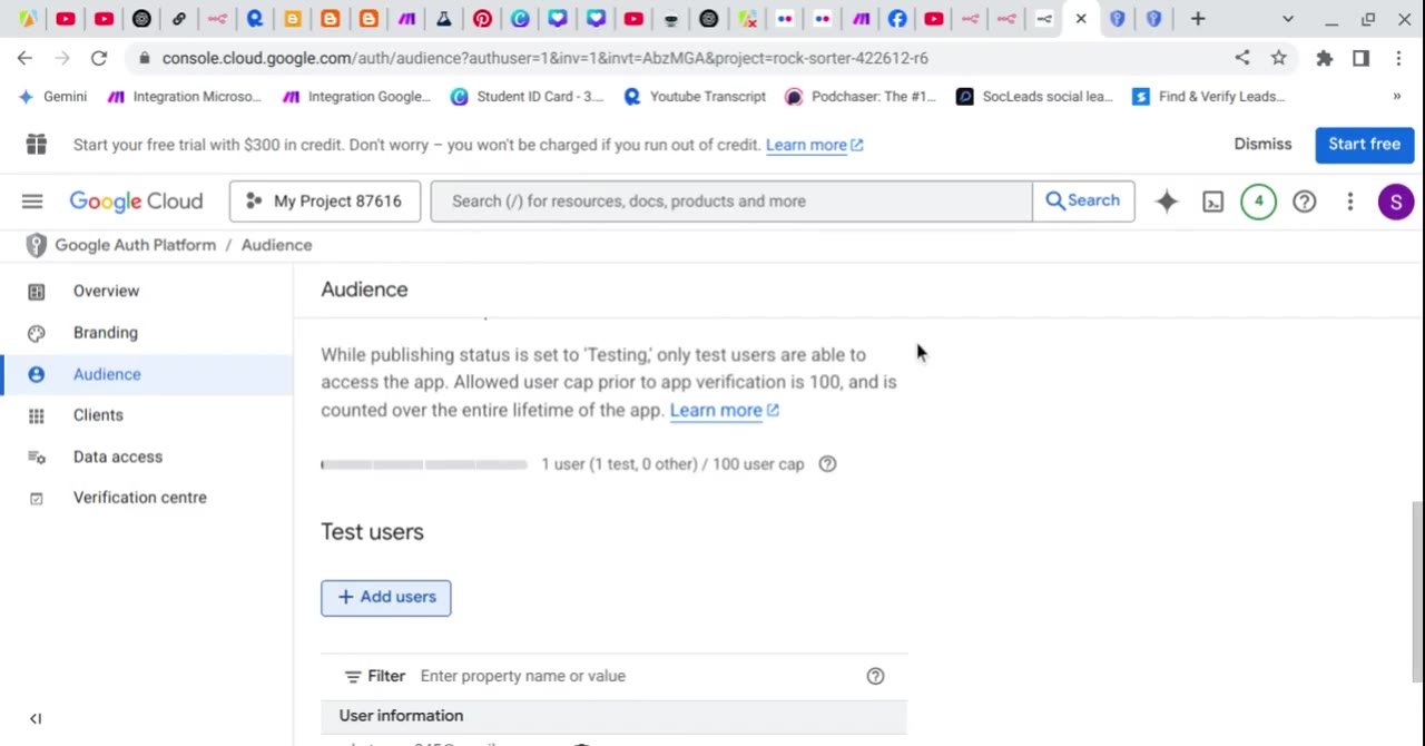 Google Cloud Test users list after saving