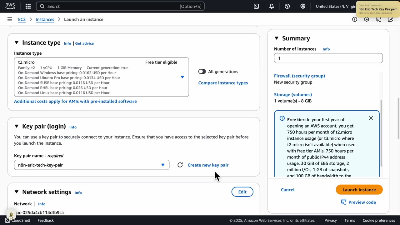 EC2 key pair selected and free tier instance type visible
