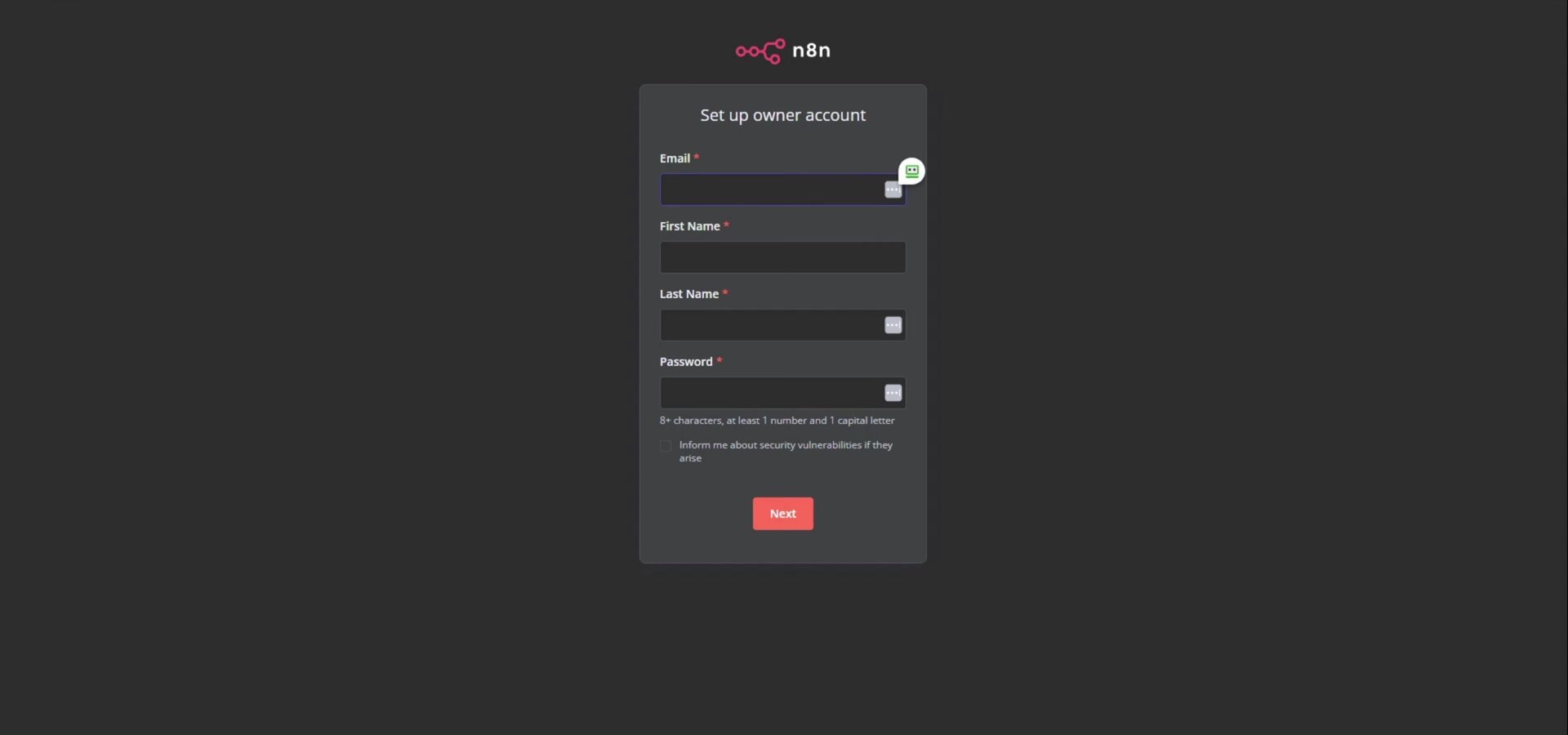 n8n owner account setup page in browser