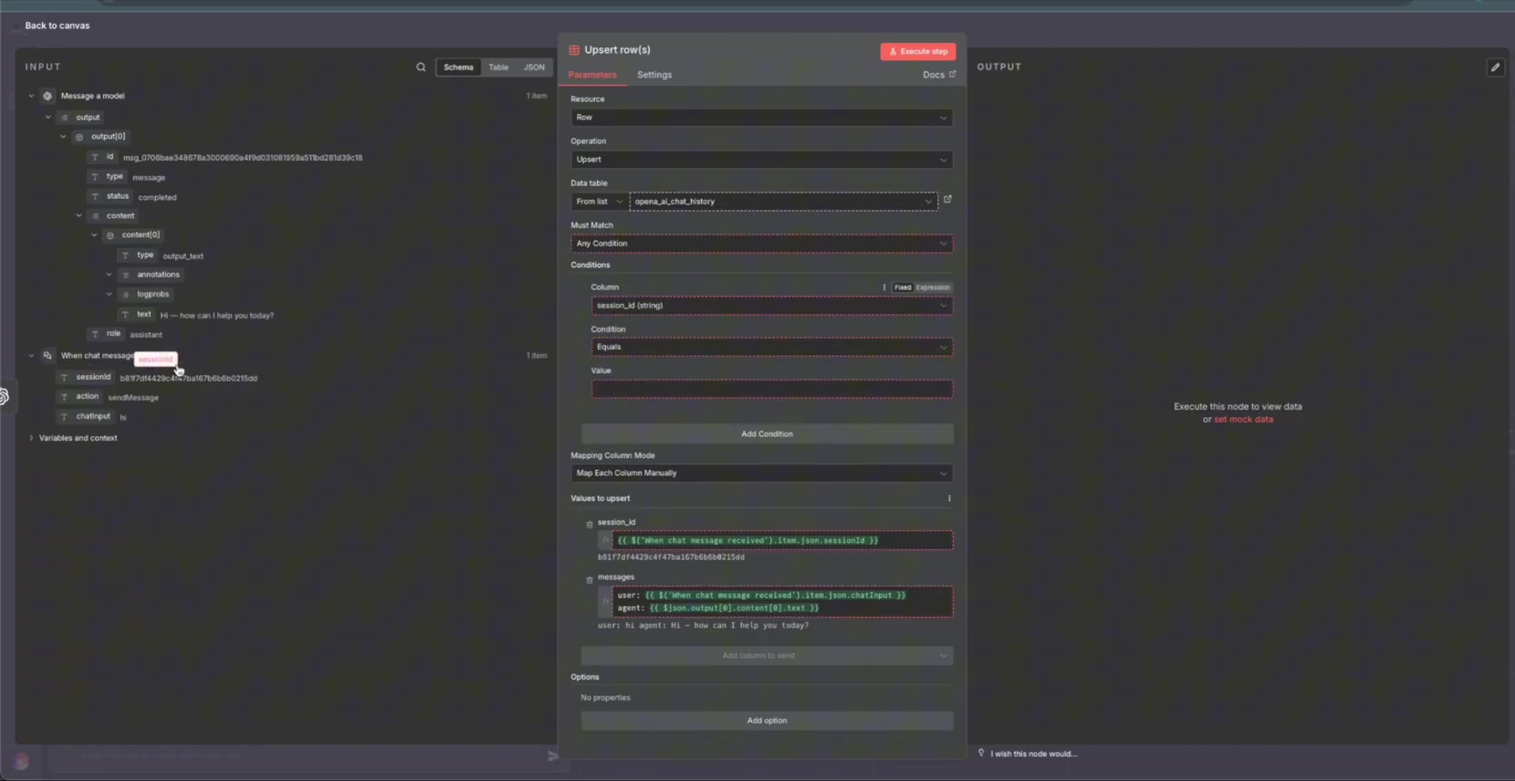 Chat history row created in n8n Data Table