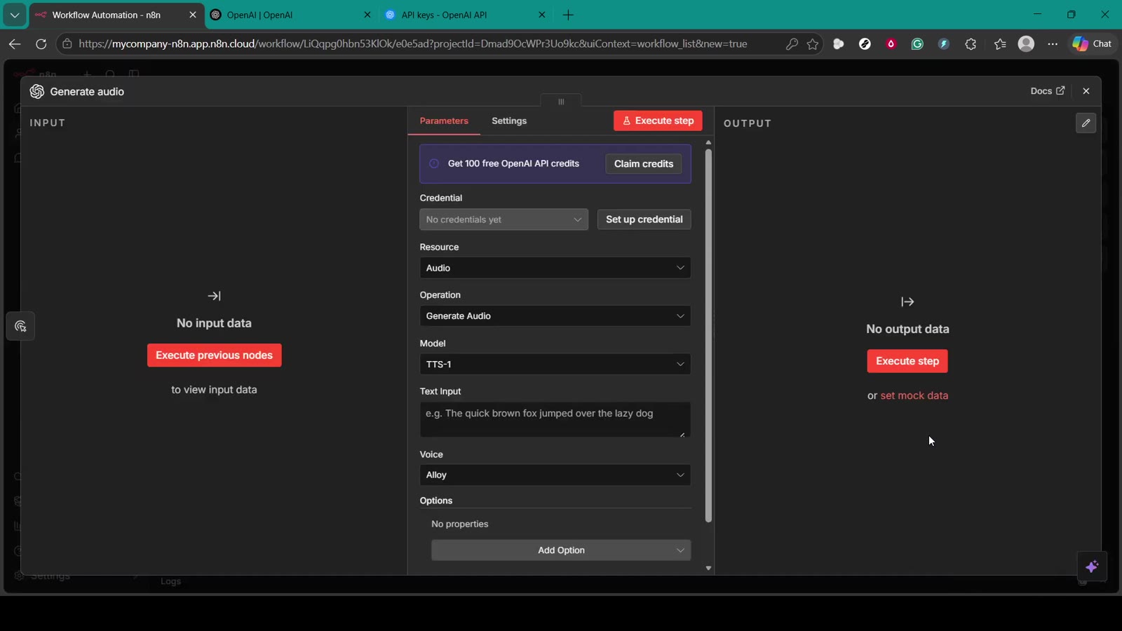 OpenAI node parameters panel in n8n