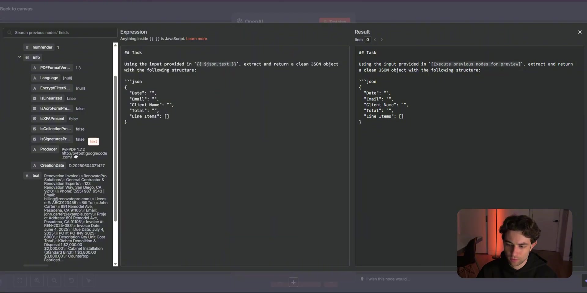 OpenAI prompt extracting invoice fields into JSON