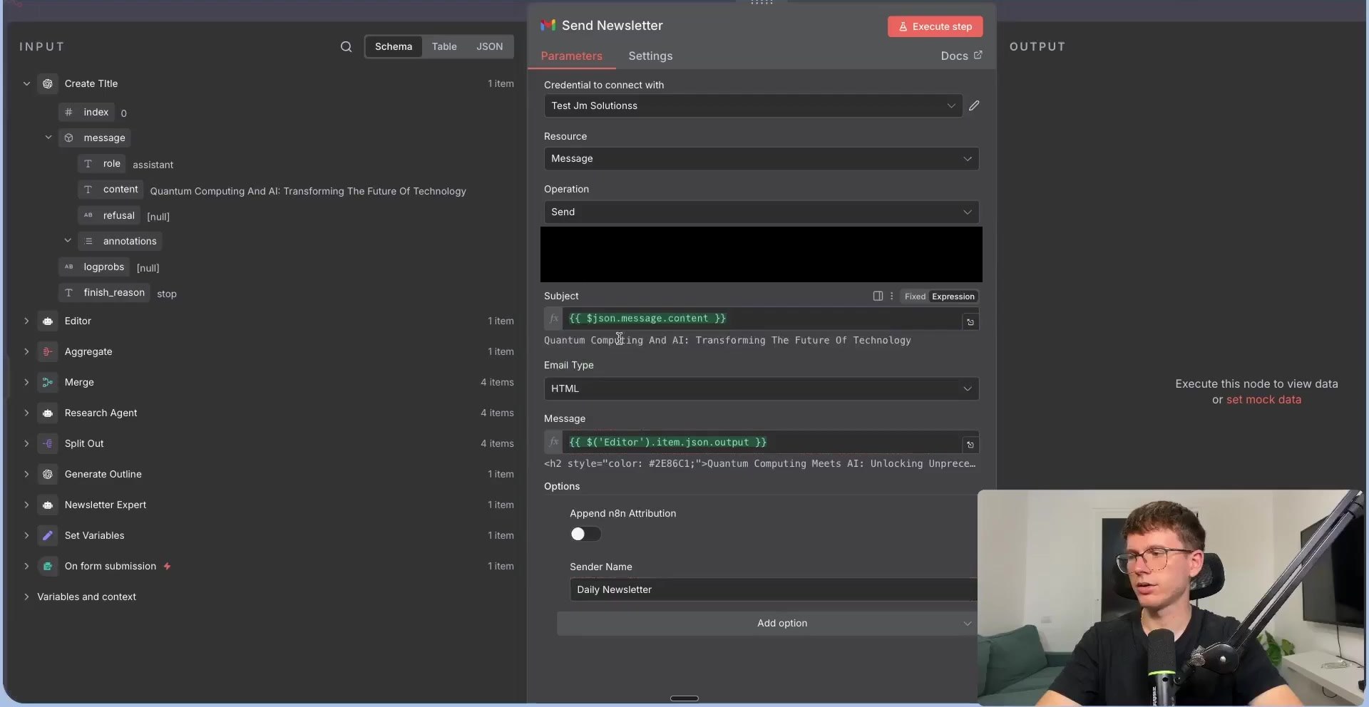 Gmail node sending HTML newsletter with recipient redacted