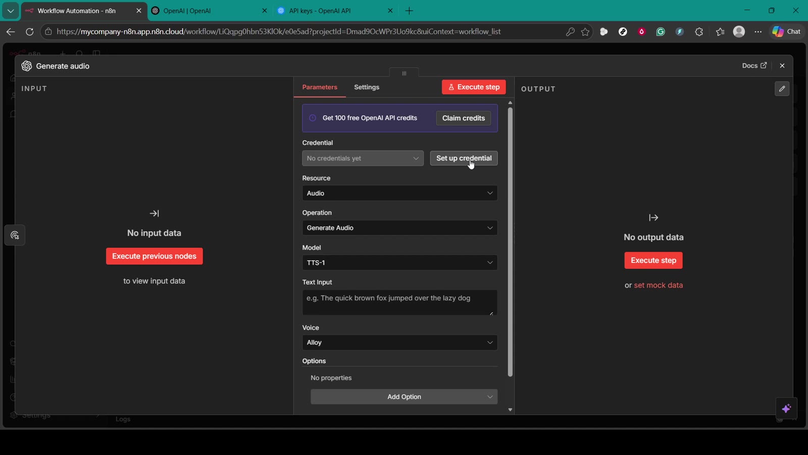 OpenAI node Set up credential button in n8n