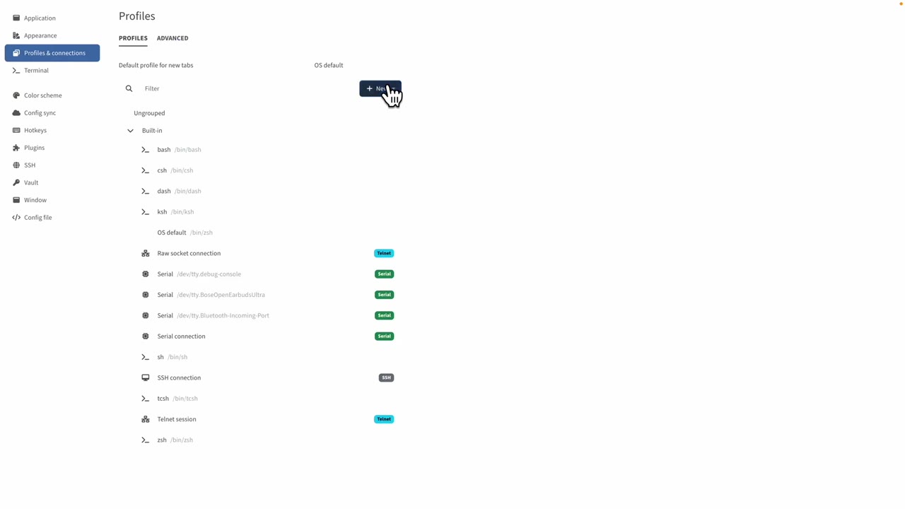 Creating a new profile in Tabby