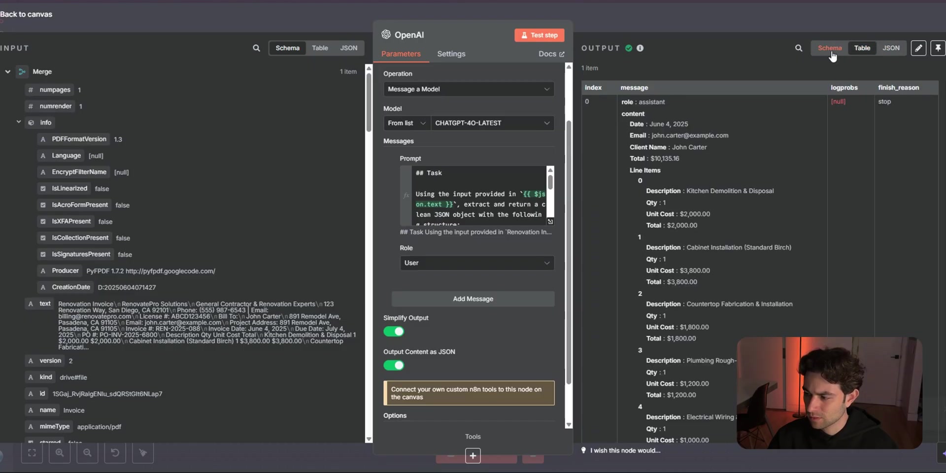 OpenAI invoice extraction result with total and line items