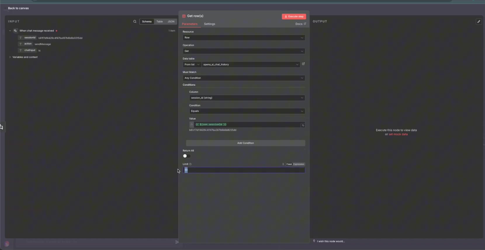 Connect retrieved history into the OpenAI node