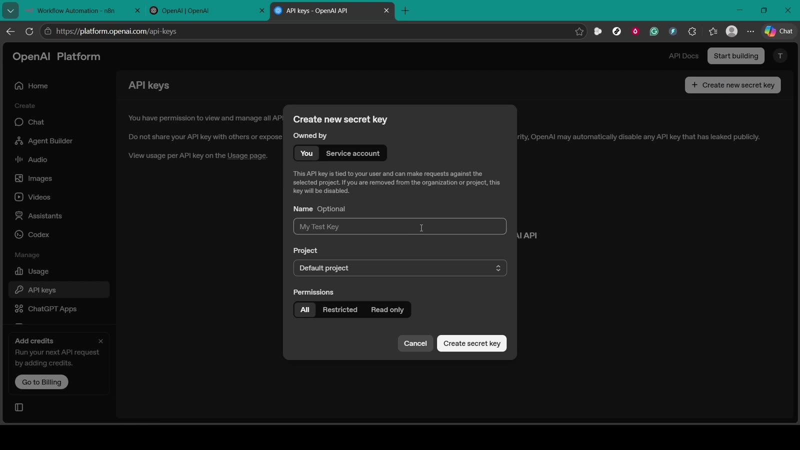 OpenAI Platform API keys page
