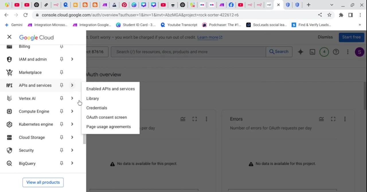 APIs and services menu with Credentials option