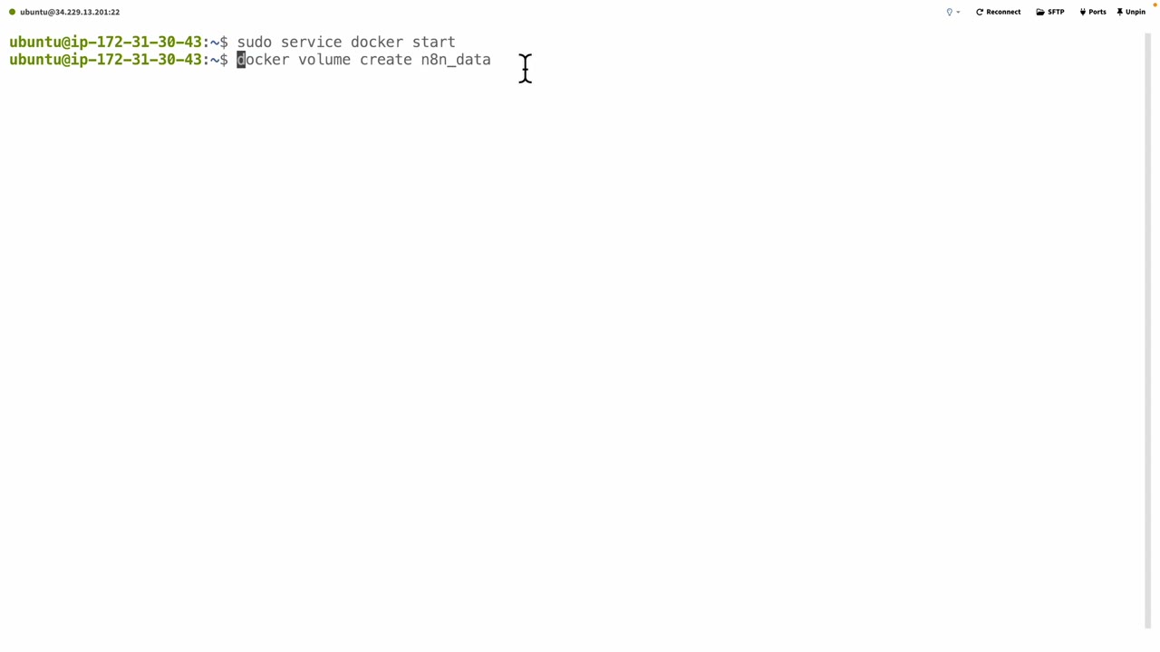 Docker service started and n8n volume command entered