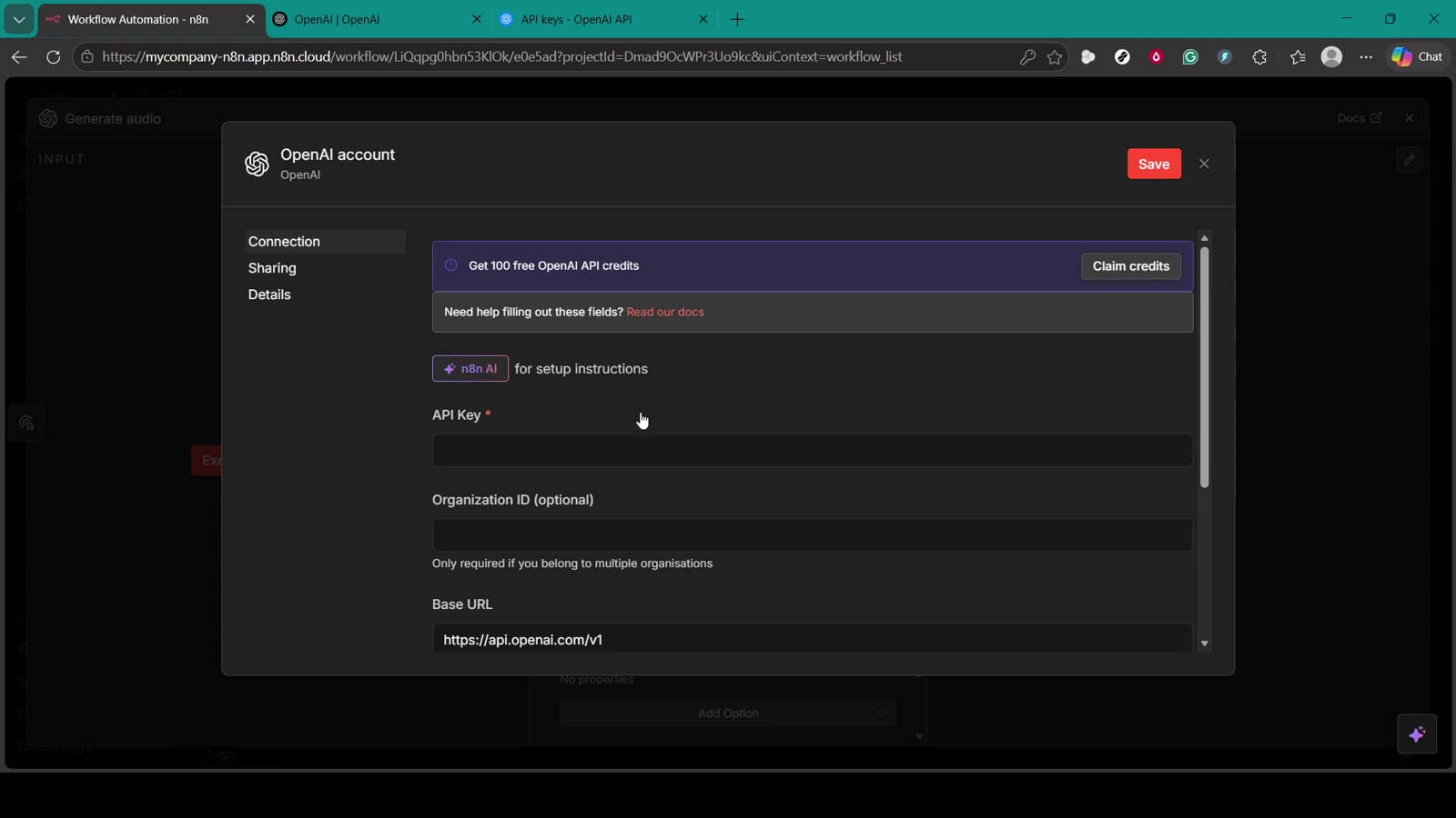 n8n OpenAI account credential setup window