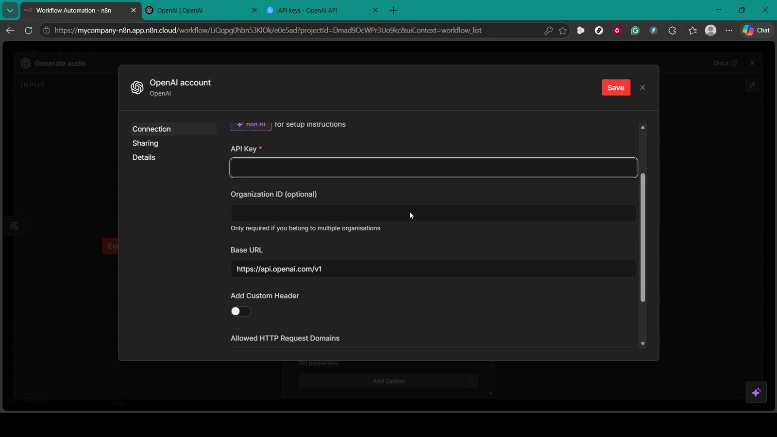 n8n OpenAI credential API key field