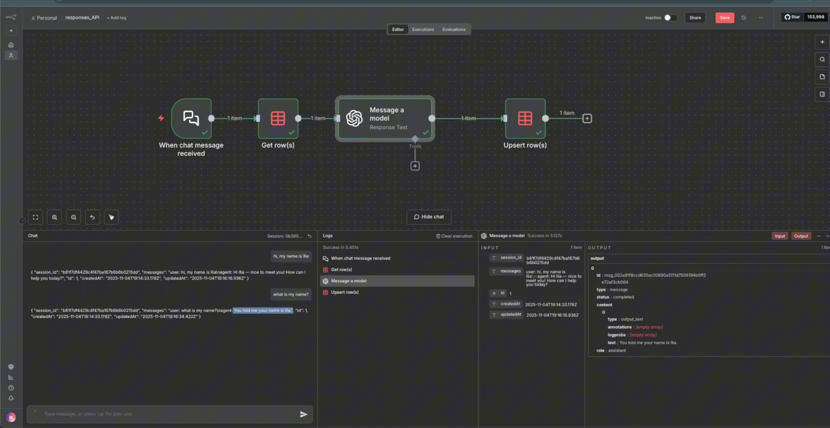 n8n execution showing remembered name response