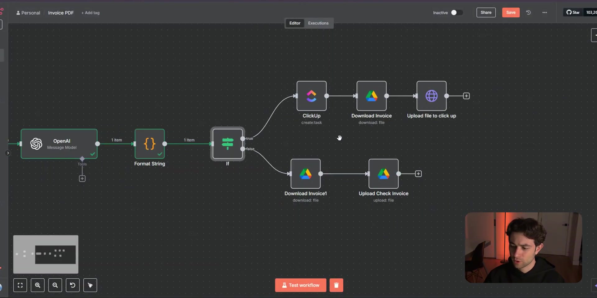 High and low invoice branches in the n8n workflow