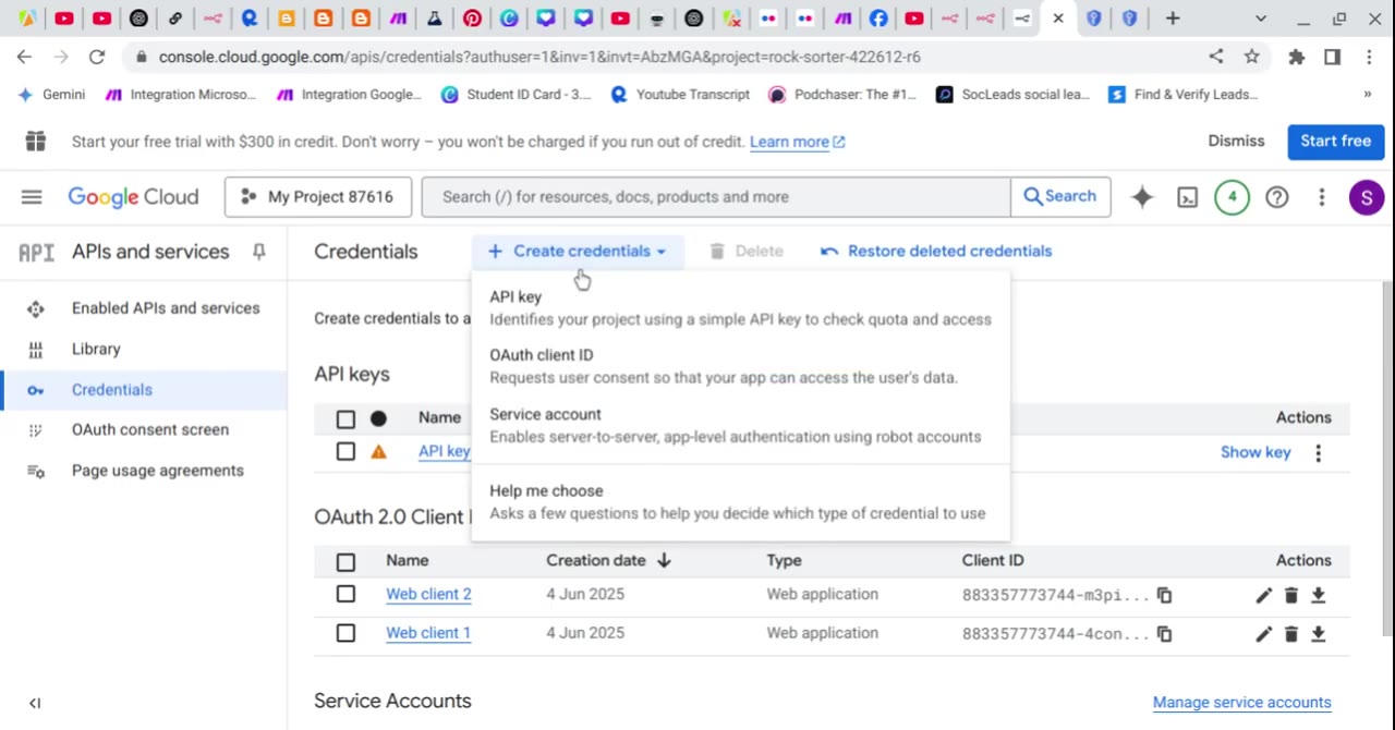 Create credentials dropdown with OAuth client ID option