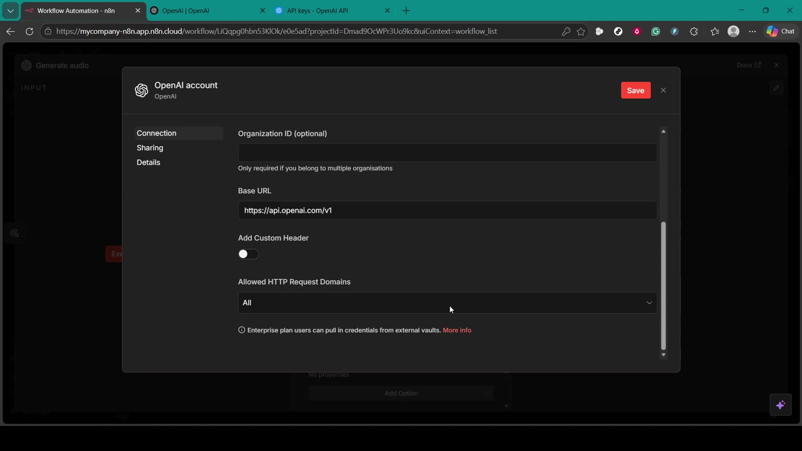 n8n OpenAI credential advanced fields