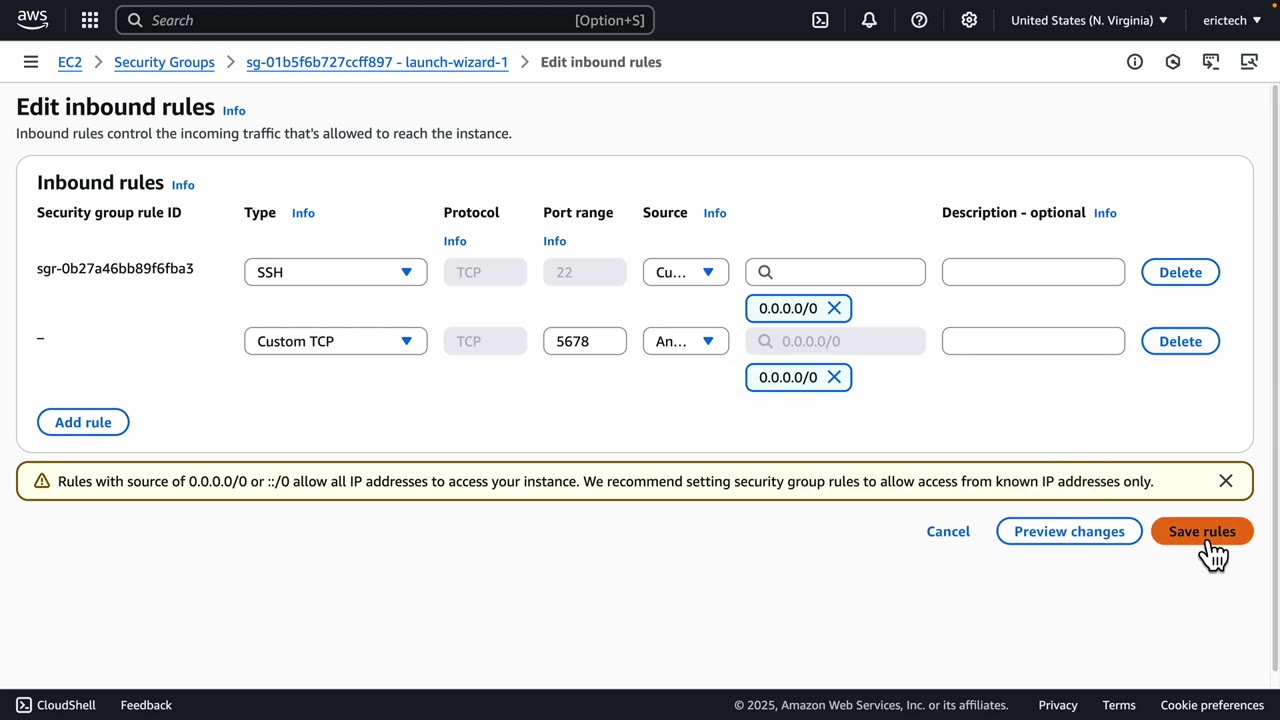 Inbound rules saved with port 5678 open