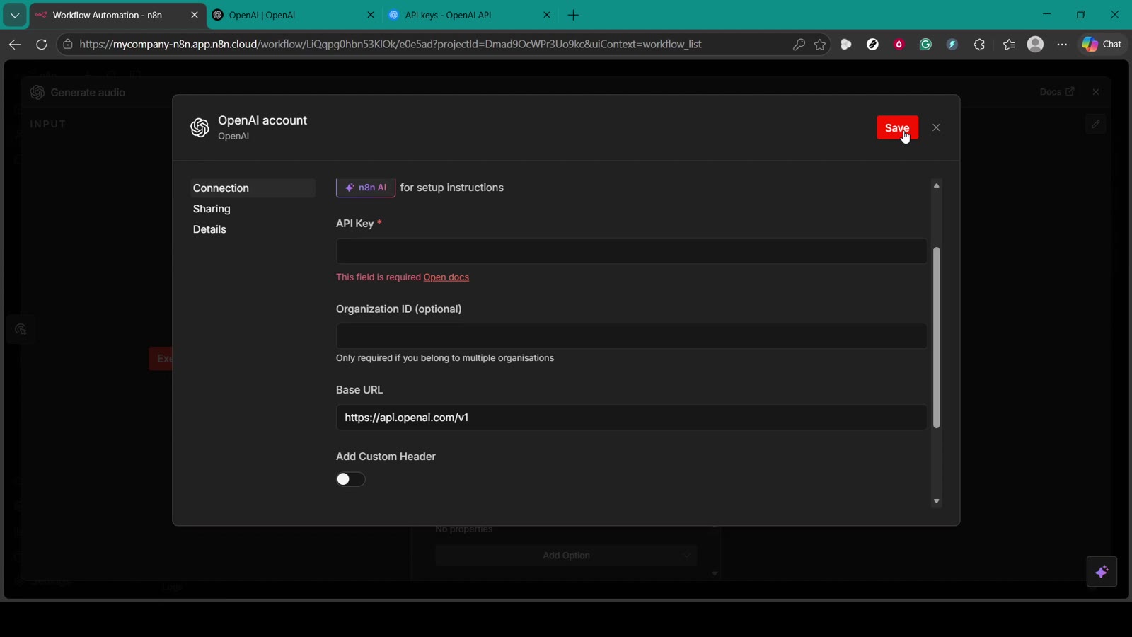 n8n OpenAI credential required field warning