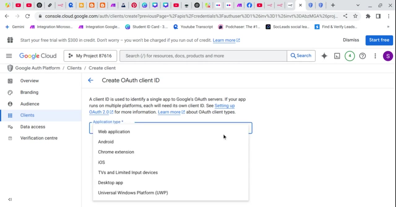 Create OAuth client ID application type dropdown