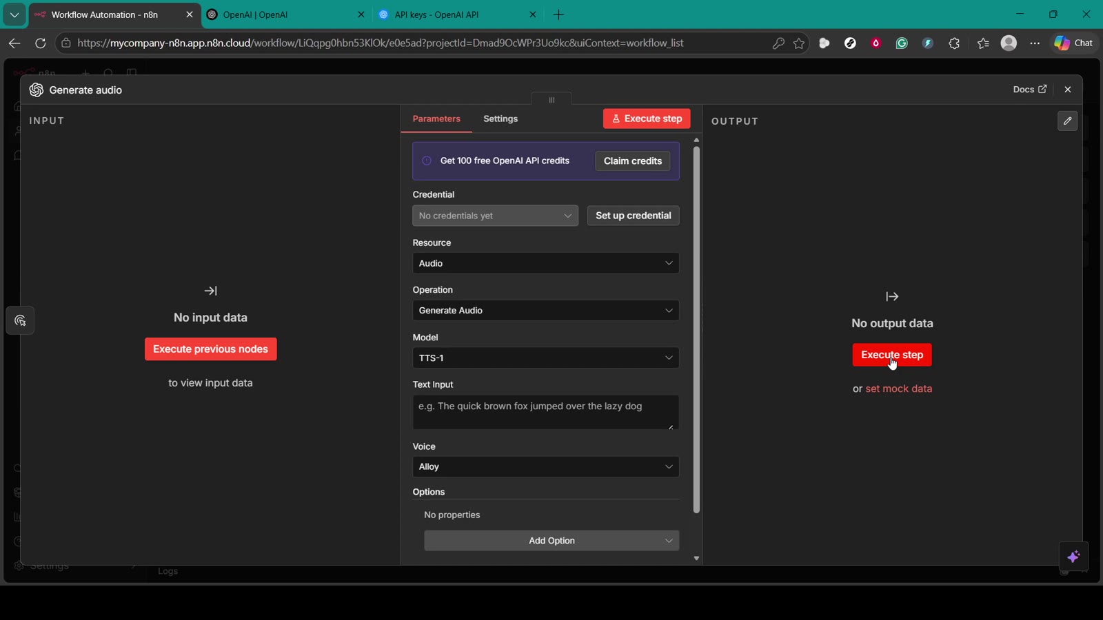 n8n OpenAI node with Execute step button
