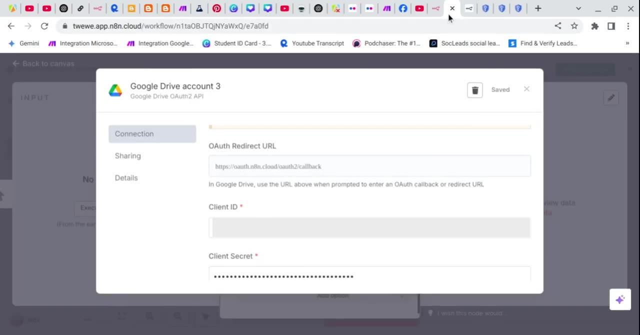 n8n Google Drive credential fields with Client ID redacted