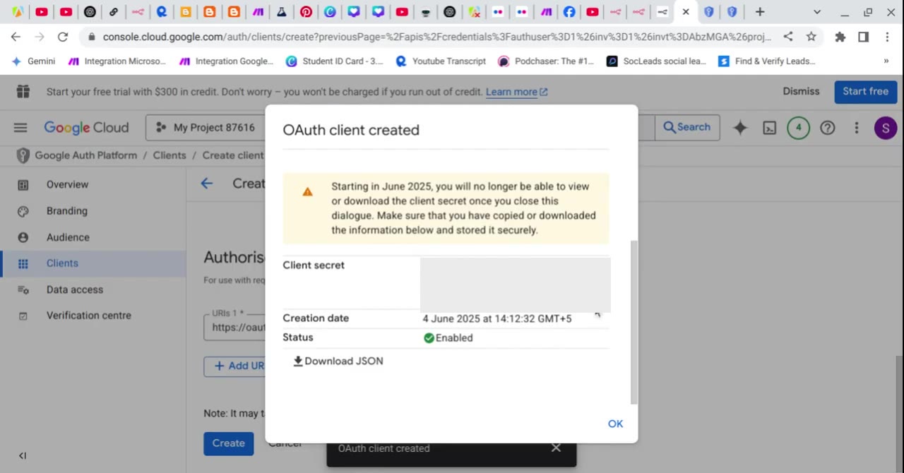 OAuth client created dialog with client secret redacted