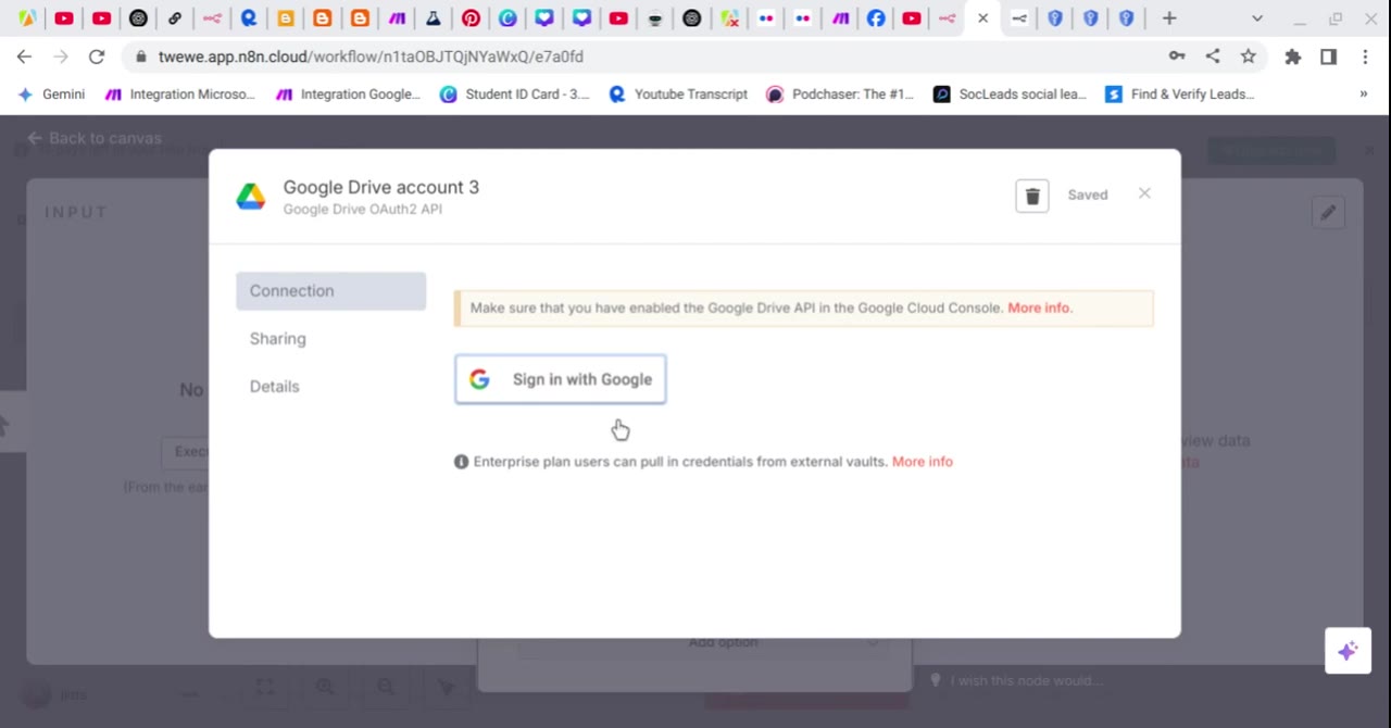 n8n Sign in with Google button after credentials are saved
