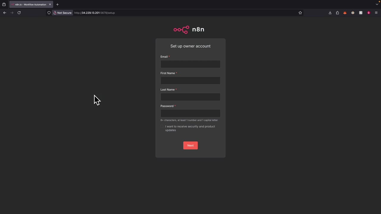 n8n owner account setup screen
