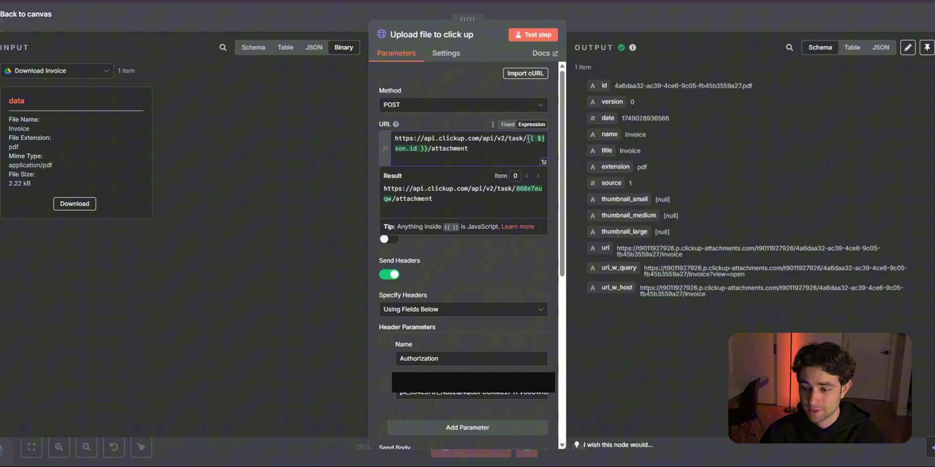 Redacted n8n HTTP Request node for uploading invoice attachment to ClickUp