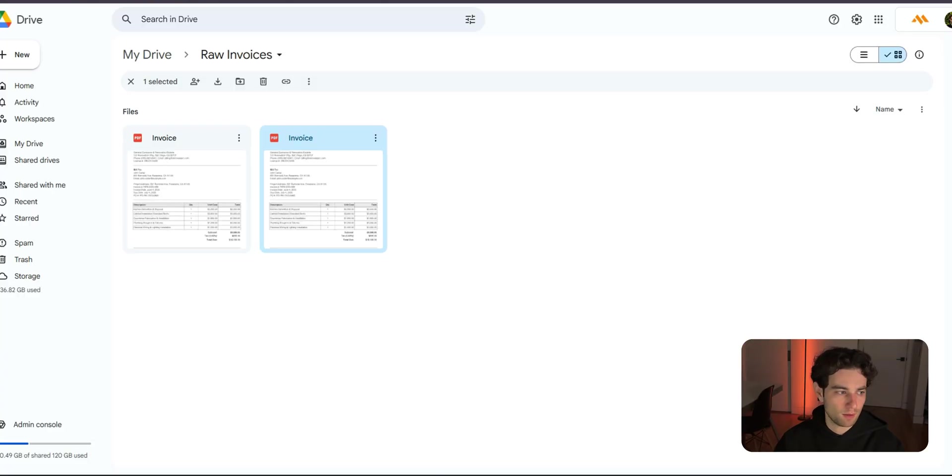 Google Drive Raw Invoices folder storing uploaded PDFs