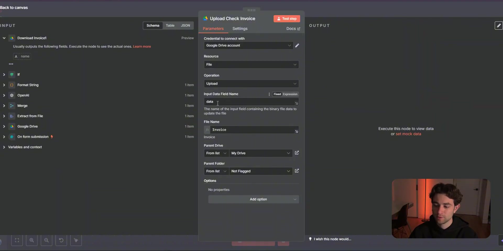 n8n Google Drive upload node for Not Flagged invoices